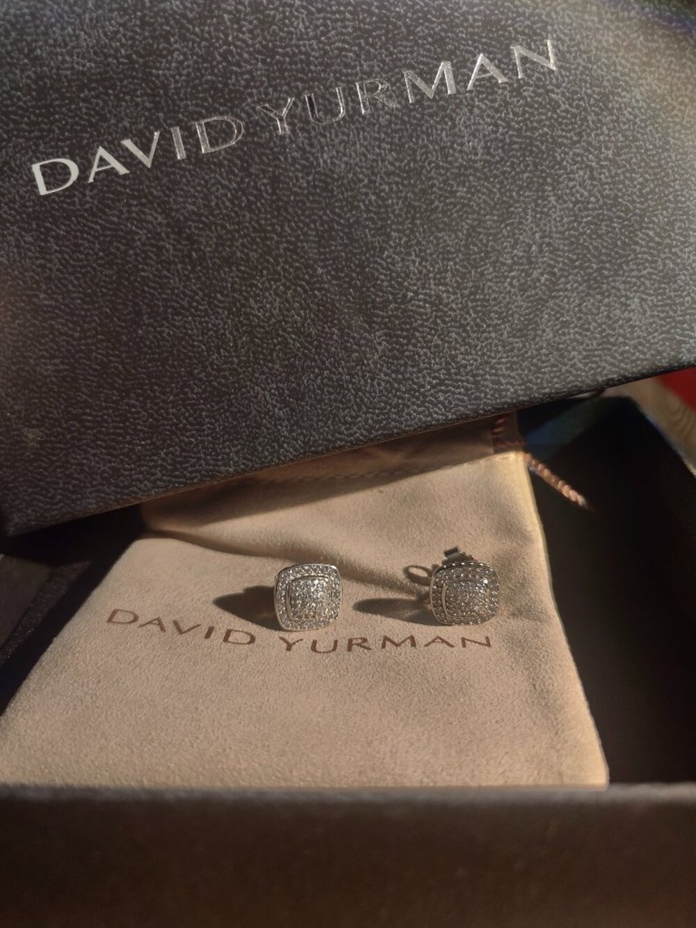 David Yurman Classic Silver Cable Edge Square Pave Stud Earrings - Picture 2 of 8